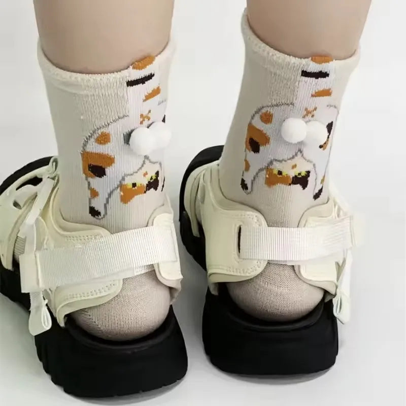 2 Pairs/5 Pairs Autumn Winter New Funny Cat Print Loose Socks Women Girls Comfortable Mid-Calf Socks