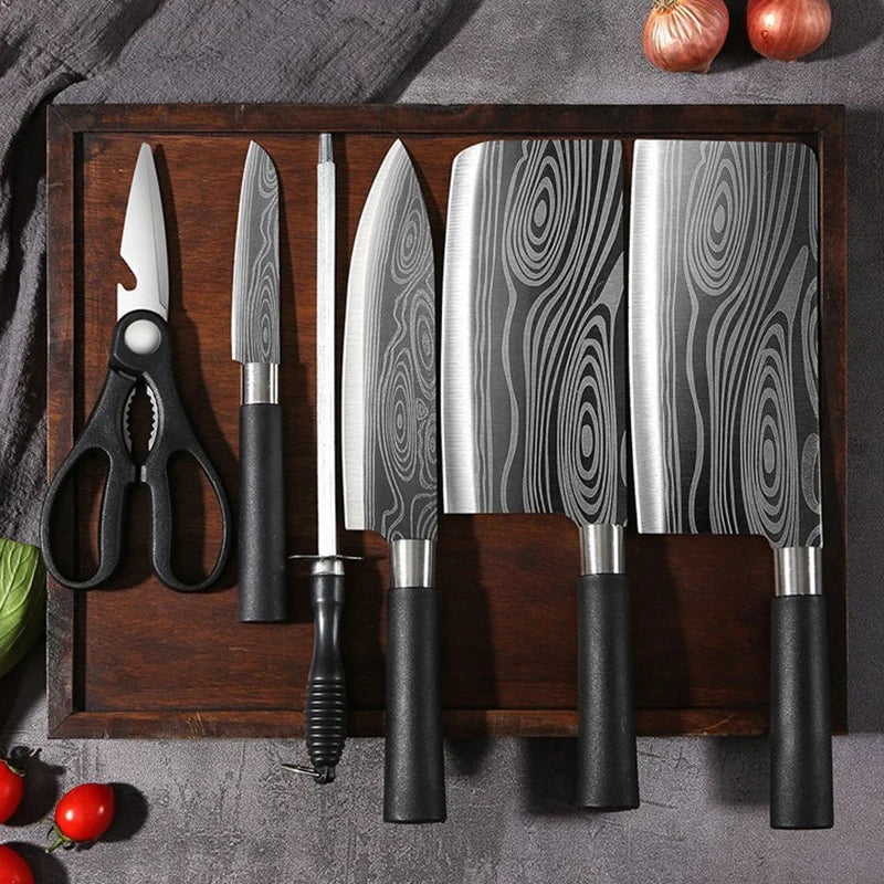 Damascus Kitchen Utility Set Knives Scissors Sharpening Rod Slicing Chef knife Stainless Steel