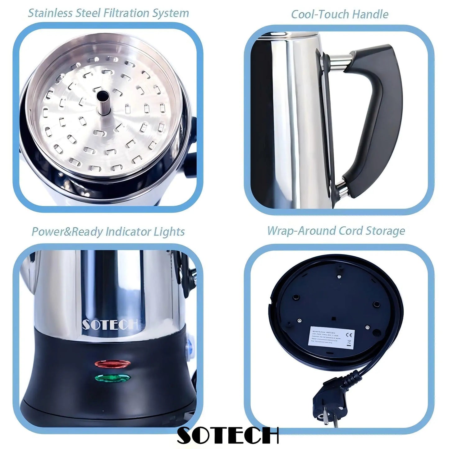 Electric Coffee Maker Pot, Stainless Steel Percolator, 110V, 220V Plug, 1.8L Large Capacity, Gift for Coffee Lovers, 12Cups