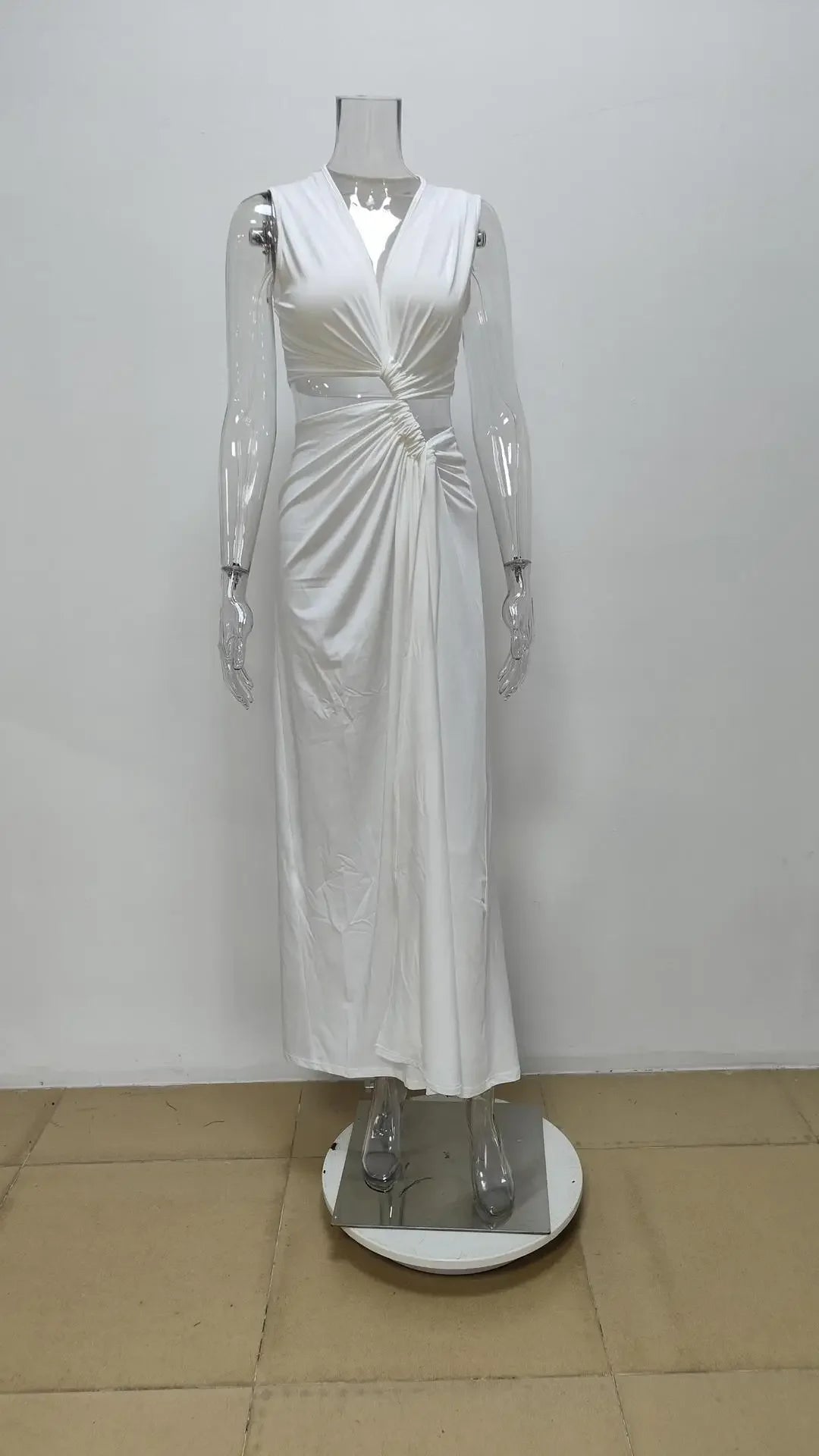 Summer Beach Sexy Maxi Dress Sexy Hollow Out Twist Knot High Split Sleeveless Deep V