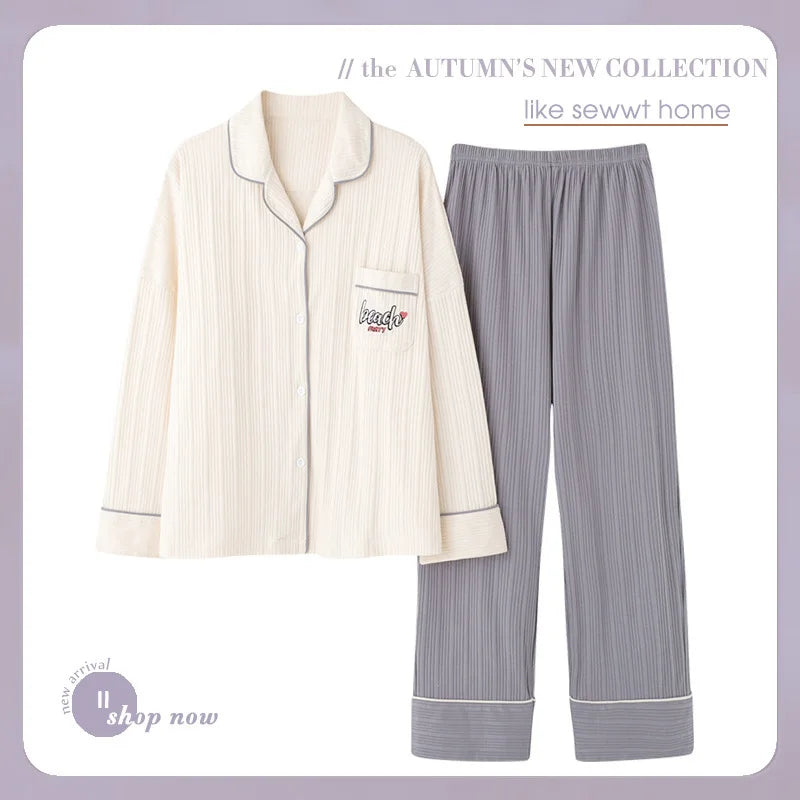 High Quality Large Size Women Cotton Pajamas Button down Tops and Trousers Set Sleepwear Homewear