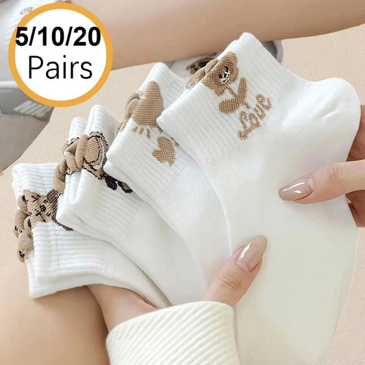5/10/20 Pairs Women Cartoon Teddy Bear Ankle Socks