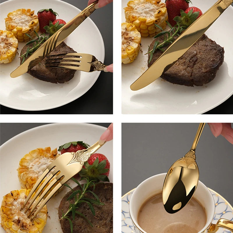 Luxury Gold Cutlery Set Vintage Dinnerware Set 18/10 Stainless Steel Silver Flatware Knife Fork and Spoon