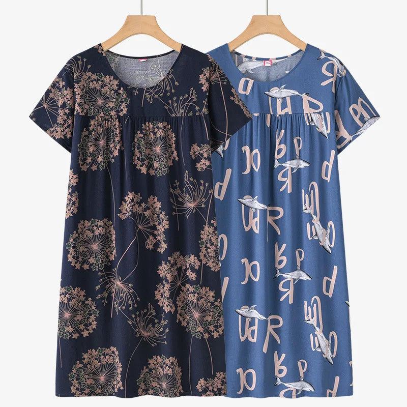 Middle-Aged and Elderly Cotton Silk Short-Sleeved Nightgown