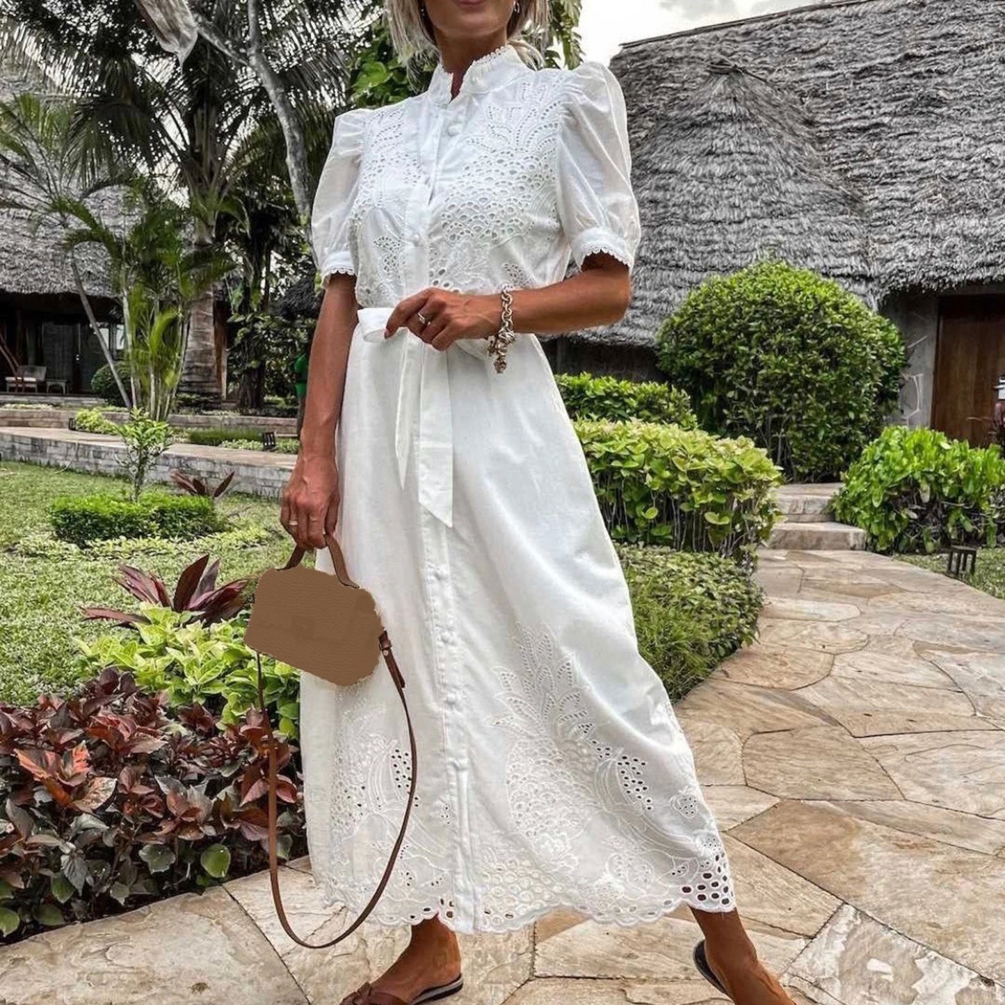 Elegant Embroidered Women Maxi Dress Chic Lapel Long Sleeve High Waist Lace Up Dresses