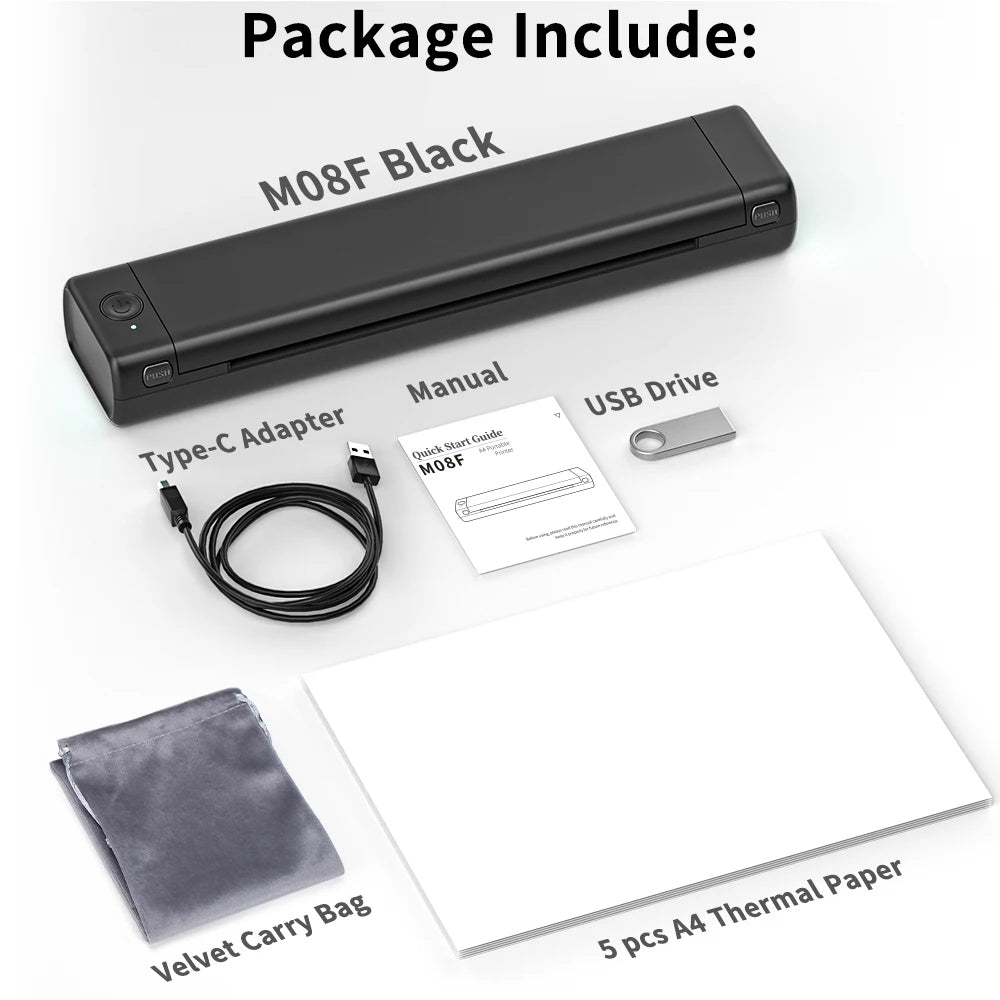 M08F Portable Phone Travel Home Wireless Thermal Printer Bluetooth Use A4 Mobile Printer for Laptops Inkless