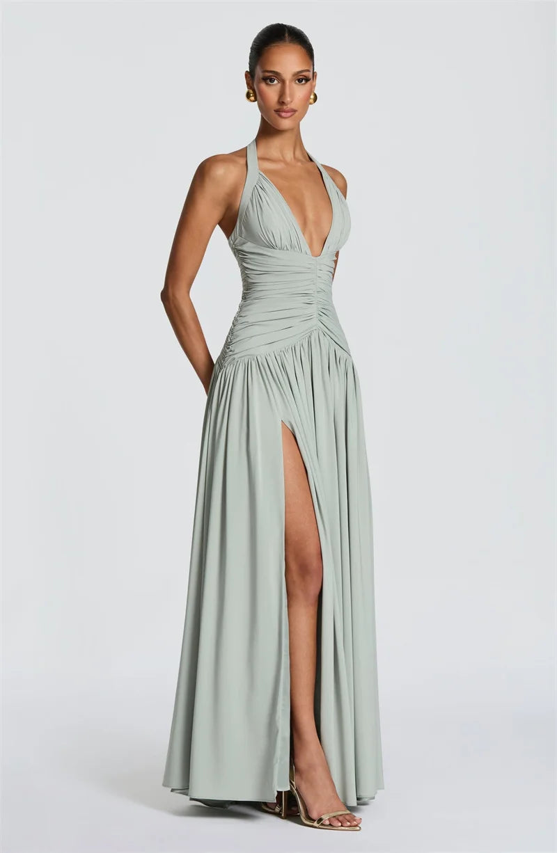 Elegant Halter Deep V Neck Sexy Maxi Women Dress Off-shoulder Sleeveless