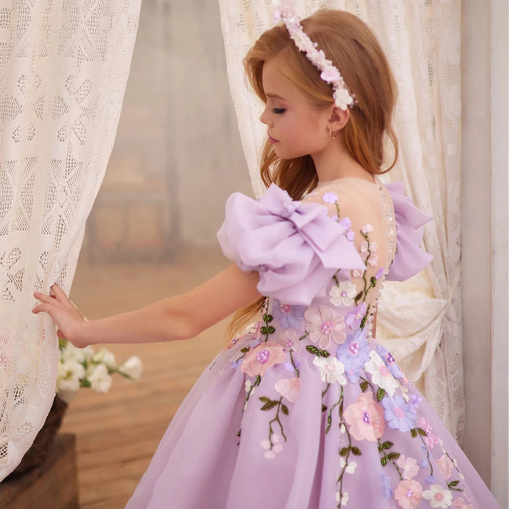 Flower Girl Dress Applique Short Sleeve Puffy Tulle With Bow Party Dress