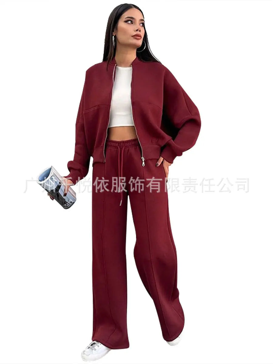Women Casual Solid Pant Sets Two Piece Sweatshirts Full Sleeve Zipper Coats Long Pants Pockets Autumn Winter