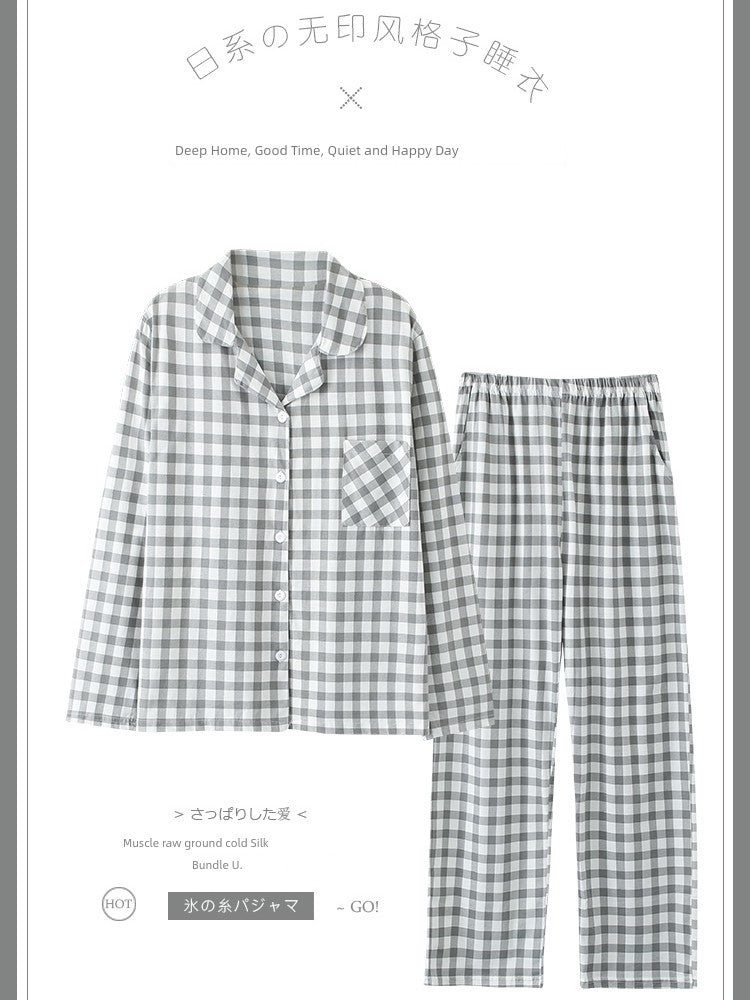 Cotton Couple Pajamas for Men and Women Spring and Autumn Pure Cotton Thin Plaid Long Sleeves Plus Size Outerwear