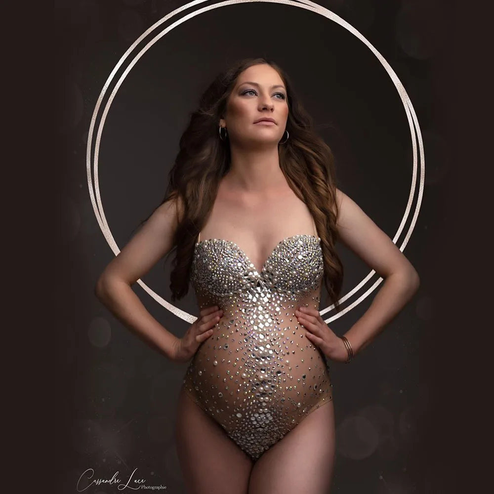 Luxurious Maternity Photography Sexy V Neck Rhinestones Pearls Stretch Jumpsuits Dress