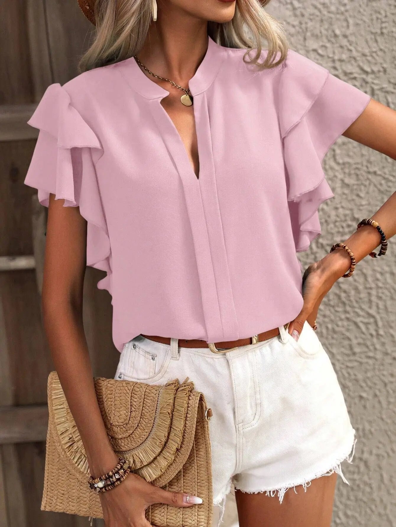 Elegant Women Summer Blouse V-neck Casual Double Layered Ruffle Sleeves