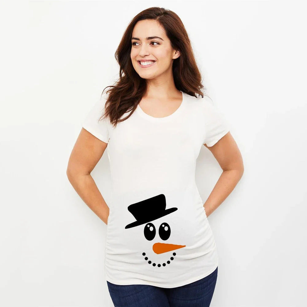 Christmas Pregnant Women T-shirt Snowman Cartoon Printed Pregnancy Announcement Clothes Maternity White Short Sleeve Top