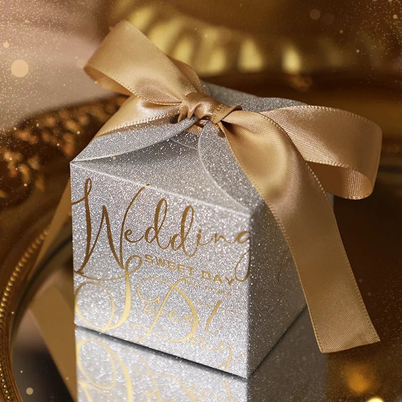 New Wedding Candy Box With Pearl Ribbon Bow High-End Gift Chocolate Box High Quality Glitter Powder Shell Gift Box
