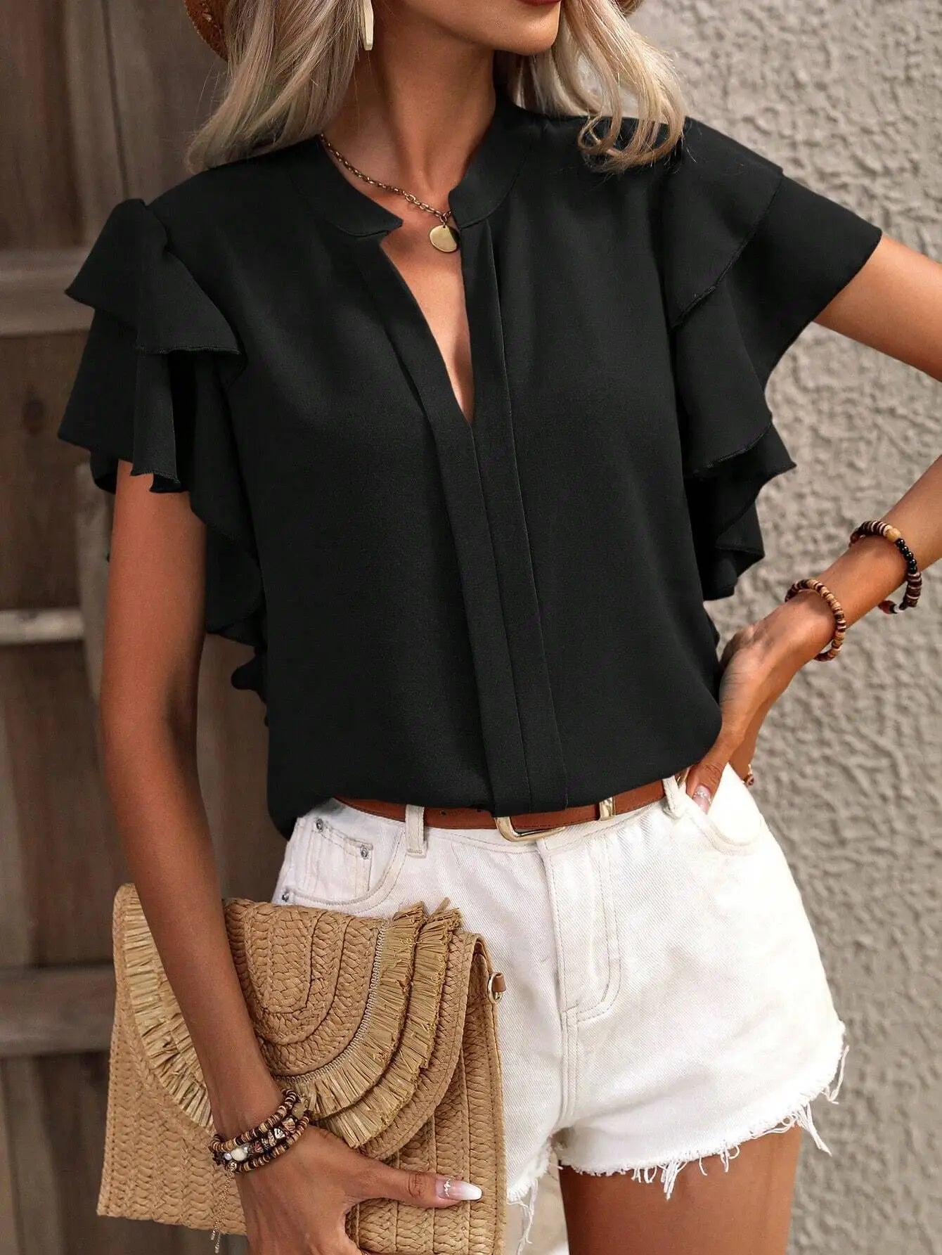 Elegant Women Summer Blouse V-neck Casual Double Layered Ruffle Sleeves