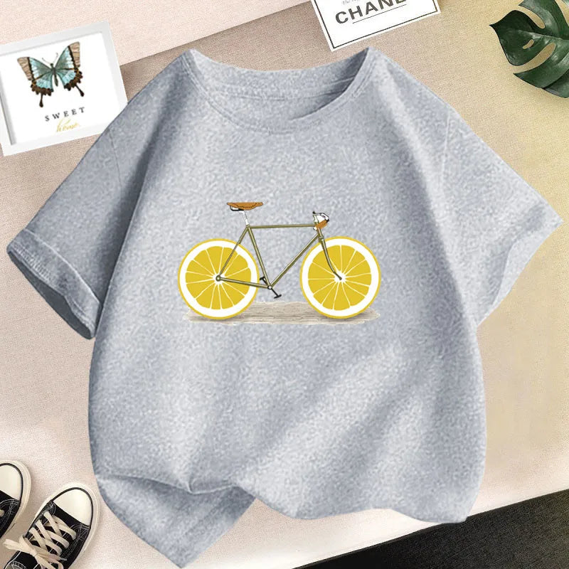 Kids T Shirt Cute Lemon Fruit Cartoon Bike Printed Tops Tee Short Sleeve Graphic Summer Fashion Boy Girl Clothing Unisex T-shirt