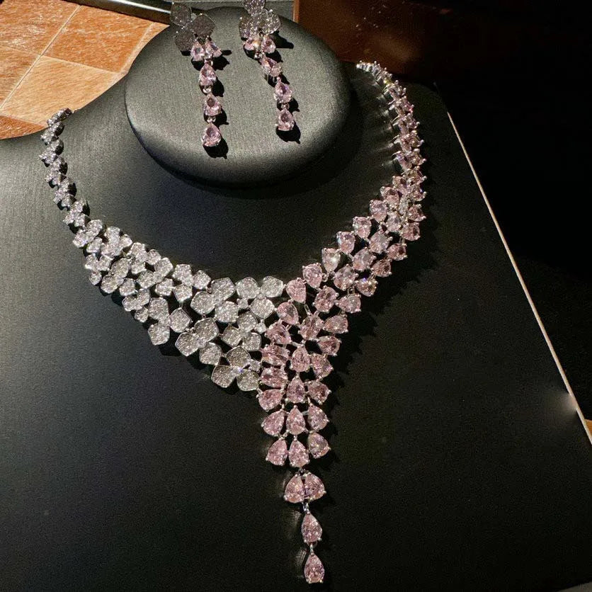 Women Flower Drop Necklace Earring 18K Gold Plated Pink Crown Zirconia