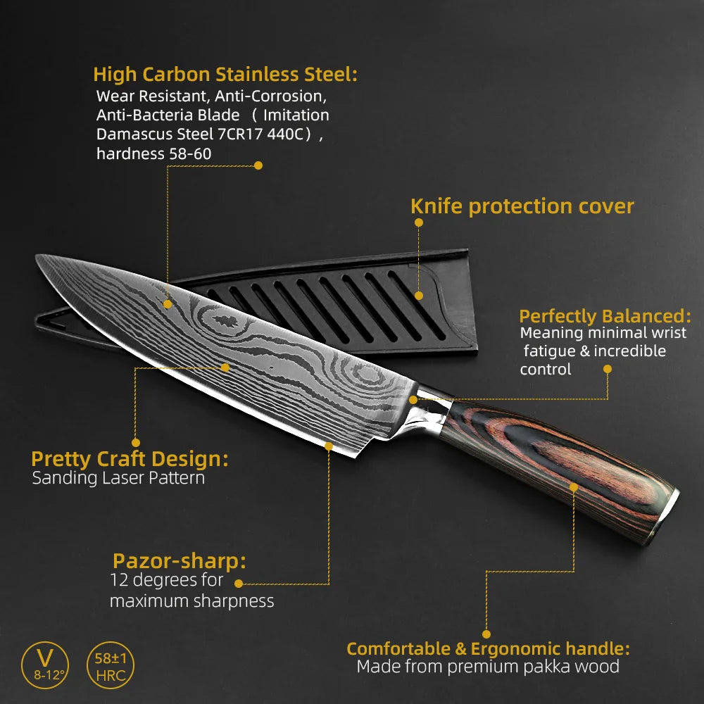 Damascus Laser Steel Kitchen Chef Knives with Shear Cutter and Wooden Handle