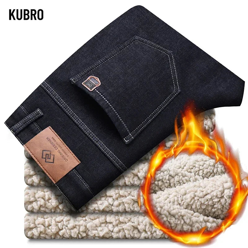 Brand Winter Warm Fleece Jeans Men's Thick Thermal Casual Straight Denim Pants Male Business Work Stretch Trousers