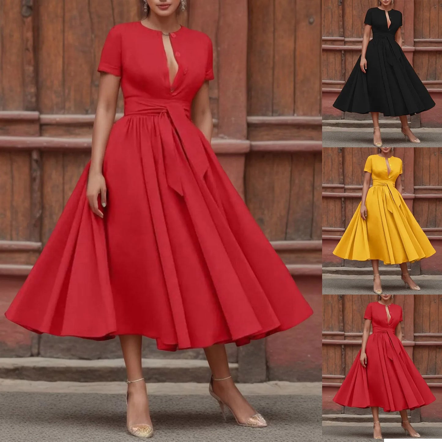 Women Elegant Formal Party Evening Dress Short Sleeve Sashes Mid-Calf Dress