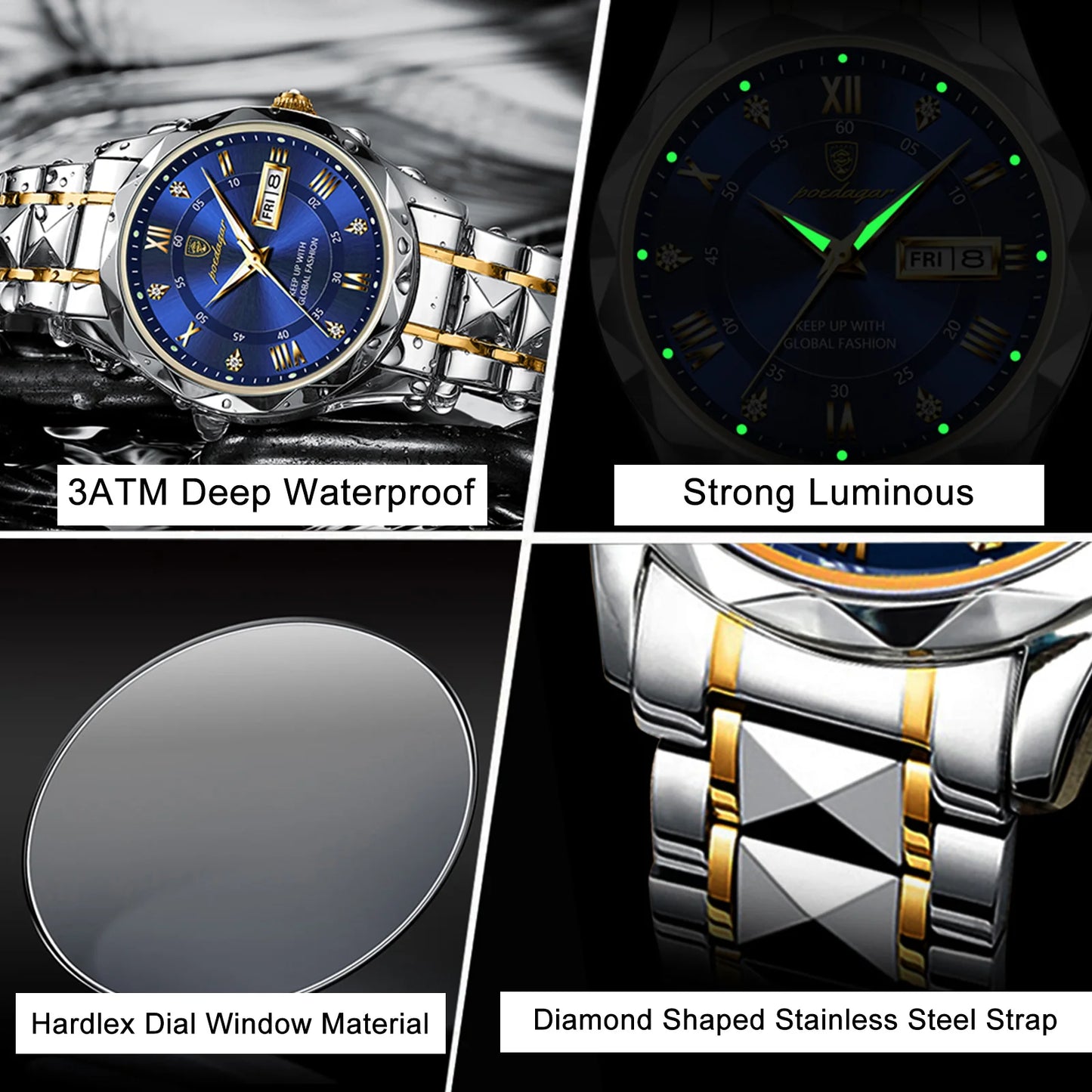 POEDAGAR Top Brand Luxury Men's Waterproof Stainless Steel Quartz Watch Luminous Calendar Week