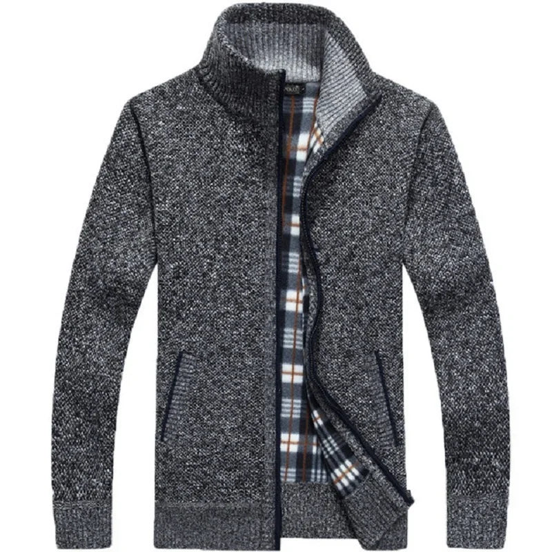Winter Men's Knitted Sweater Coat Long Sleeve Thick Cardigan Fleece Zipper Causal Solid Color