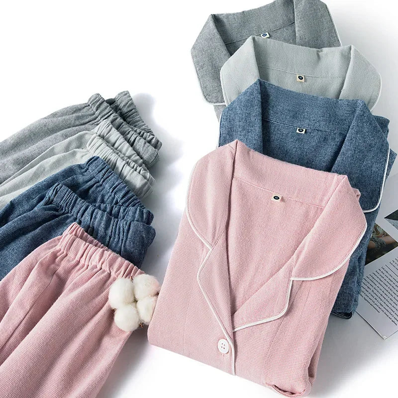 Autumn and Winter Multi Colors Cotton Brushed Solid and Plaid Design Warm Thick Trousers Pajamas Set Couples Home Clothes