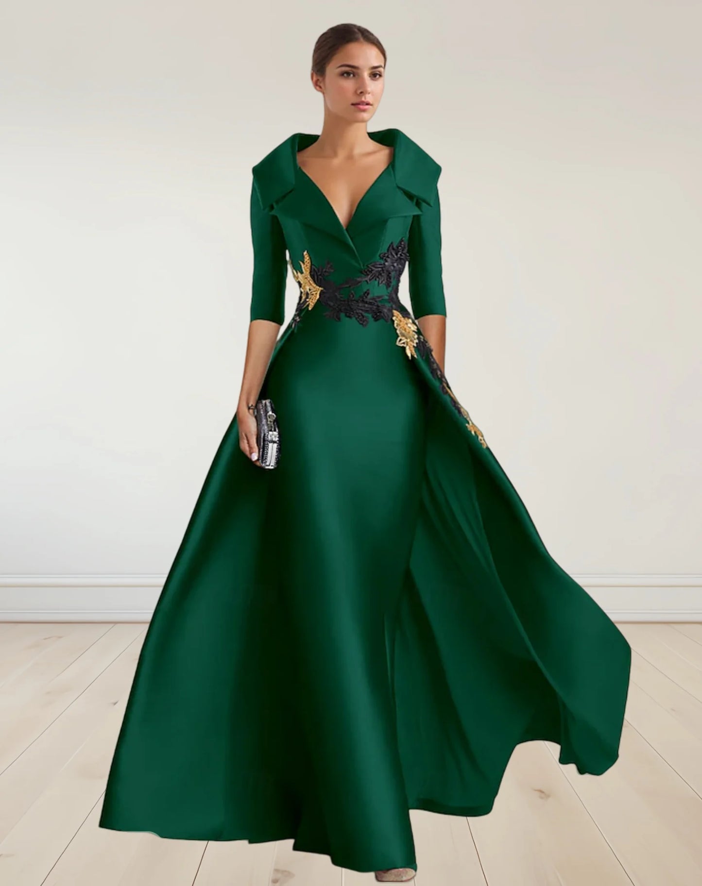 Elegant Evening Formal Gown Dress Floor Length 3/4 Length Sleeve with Appliques Beading A-Line