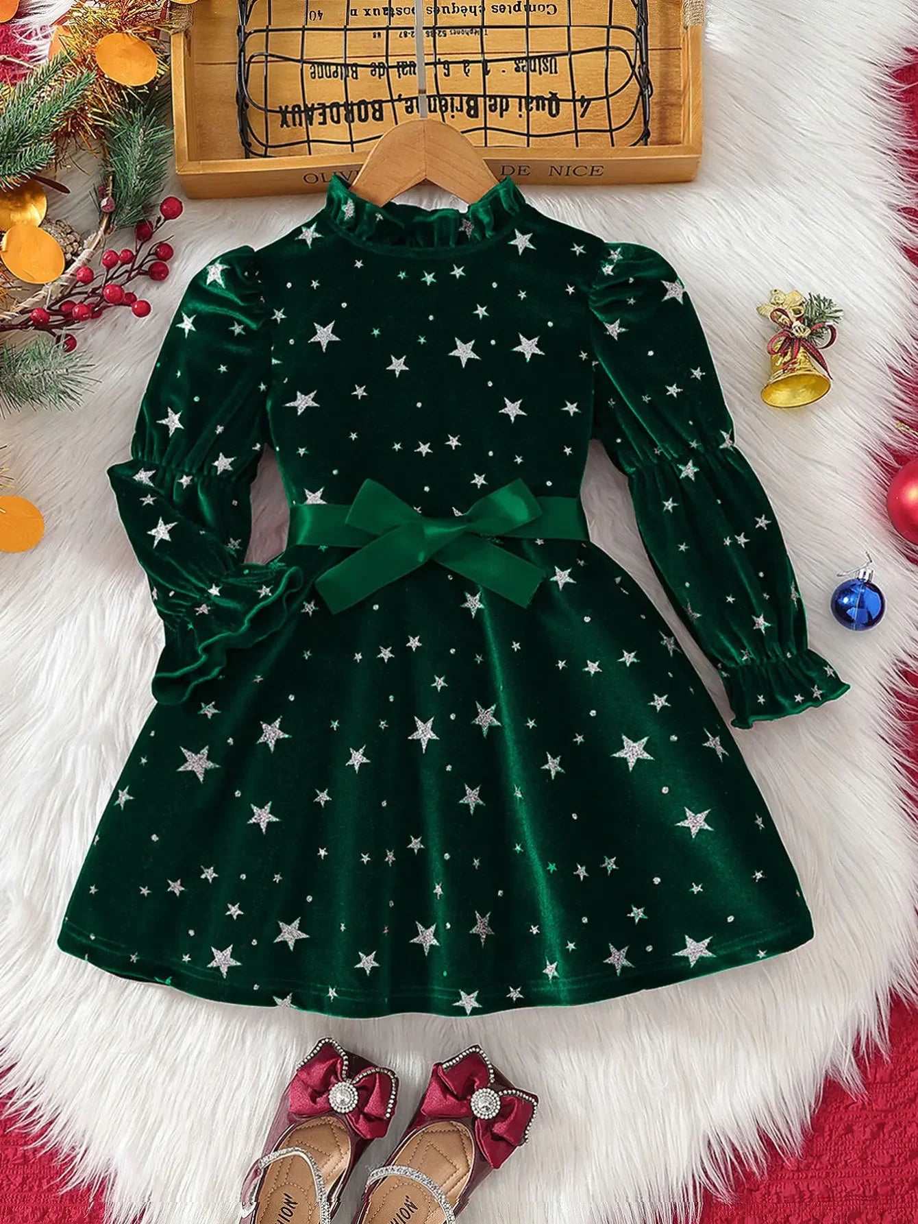 Girl Christmas Star Print Velvet Dress Ruffle Neck Puff Long Sleeve Belted Kids Party Dress