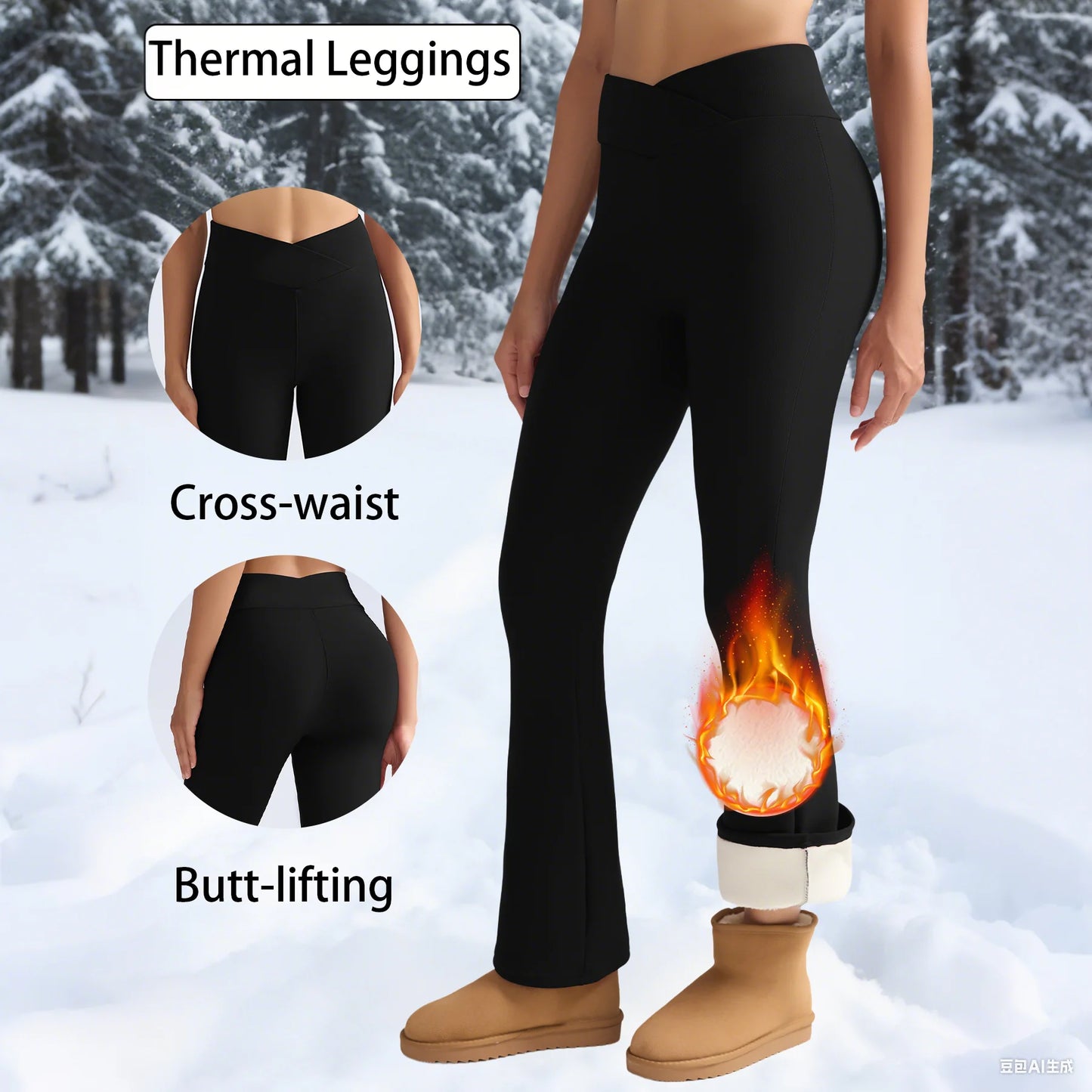 Winter Thermal Fleece Tommy Control Women Leggings Thick Flared Pants High-Waisted