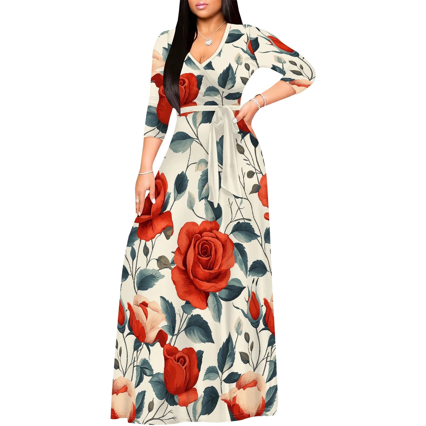 Romantic Floral V-Neck 3/4 Sleeve Wrap Maxi Dress with Belt