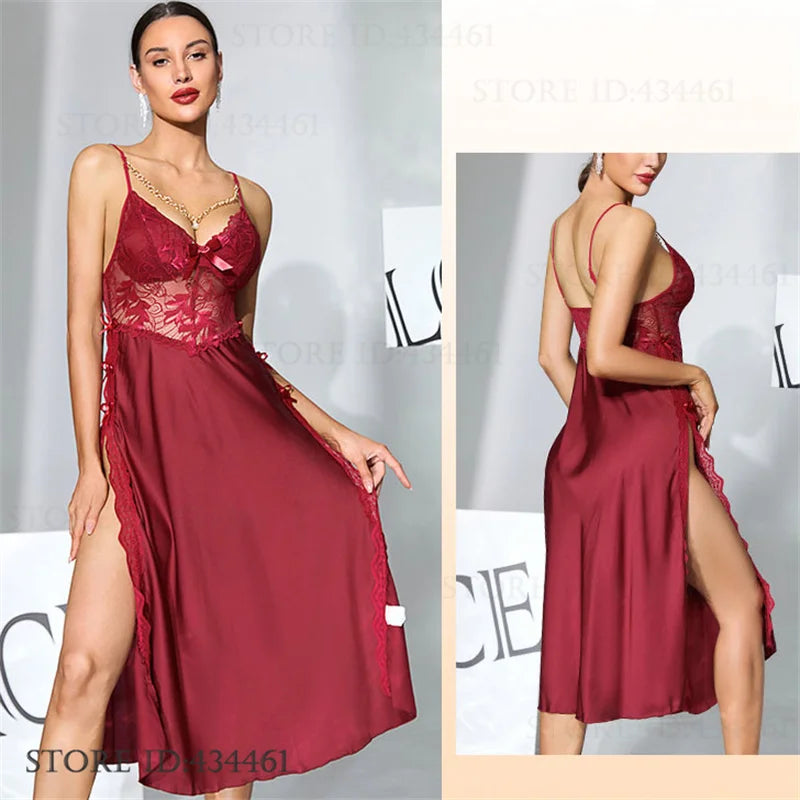 Women Sexy Lingerie Long Nightgown Ice Silk Chemise Sleepwear