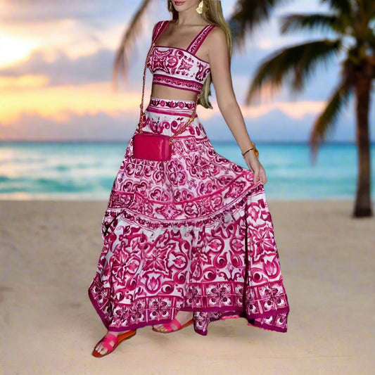 Summer Beach Print Two-piece Set Strapless Crop Top and Long Skirt Maxi