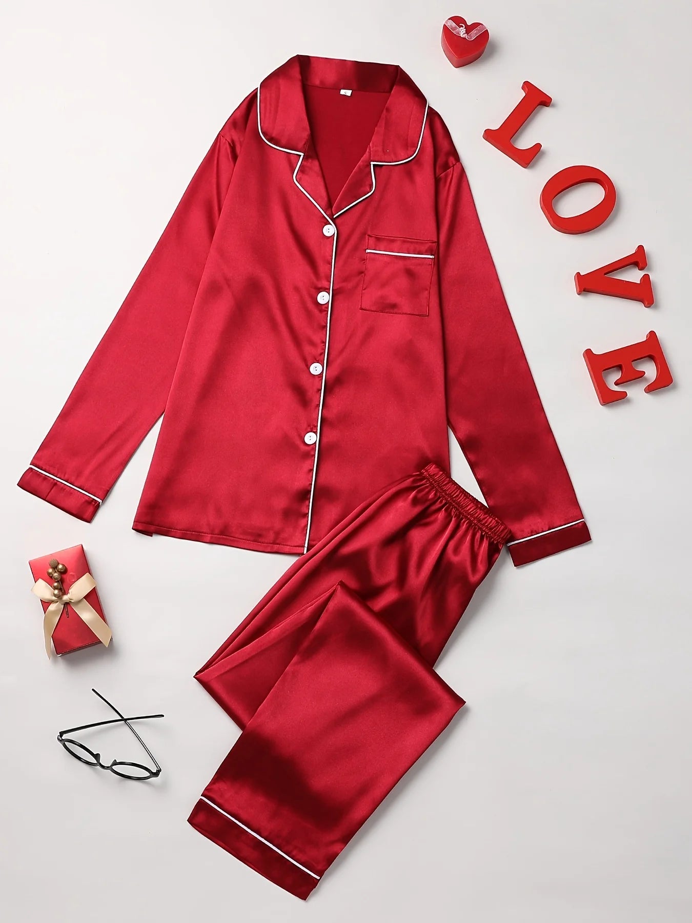 Women Solid Pajama Set Long Sleeve Button Up Lapel Top & Pants