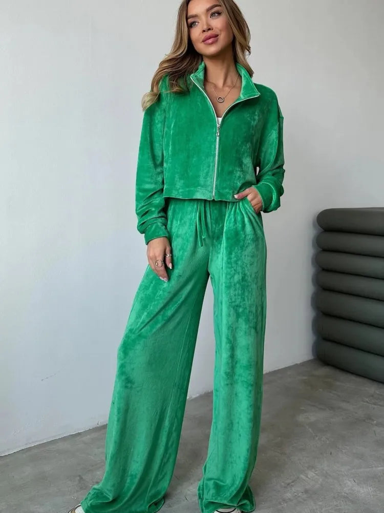 Autumn Winter Solid Casual Velvet Two Piece Tracksuit Sets for Women