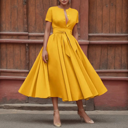 Women Elegant Formal Party Evening Dress Short Sleeve Sashes Mid-Calf Dress