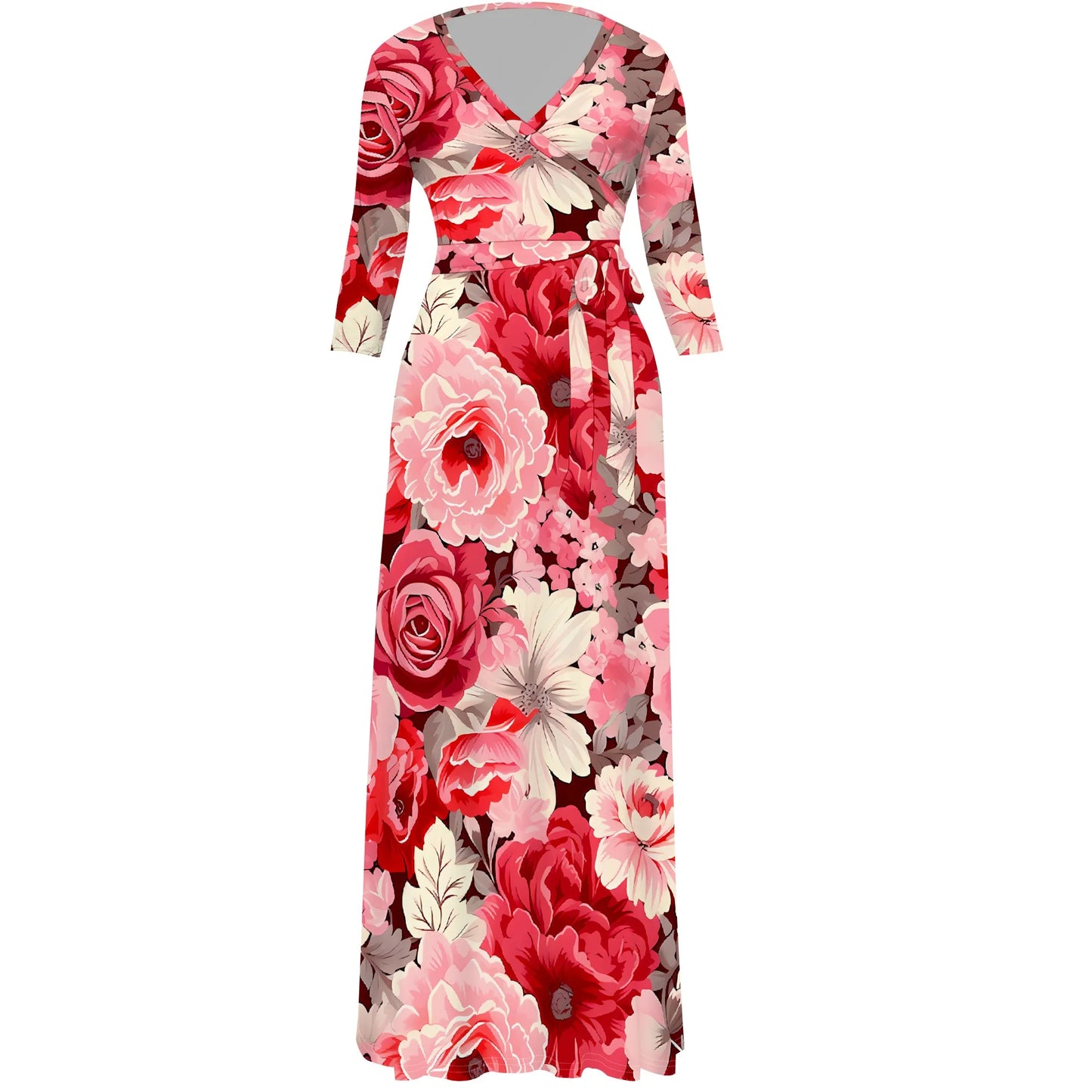 Romantic Floral Rose V-Neck 3/4 Sleeve Wrap Maxi Dress with Belt