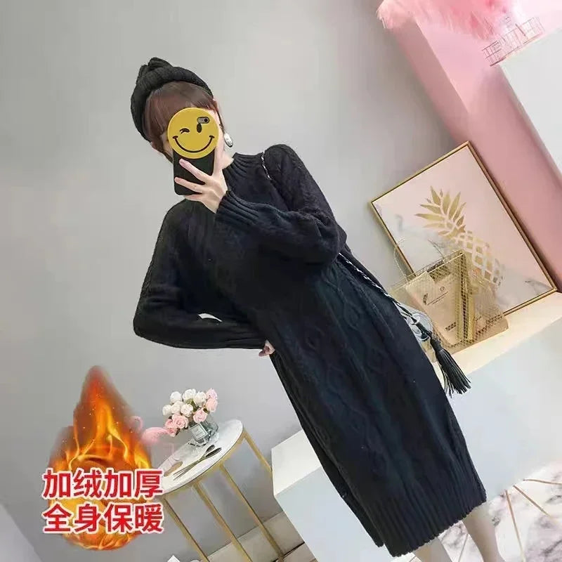 Women Winter Thicken Plus Velvet Sweater Dress Mock Neck Rib Knit Midi With Coats