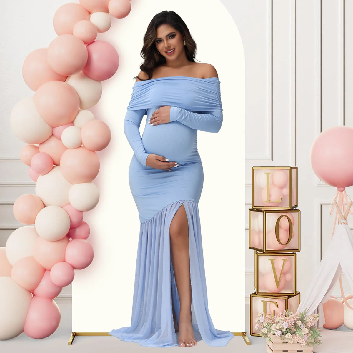 Elegant Maternity Gown Photoshoot Party Dress Off-Shoulder Slits Fishtail Hem