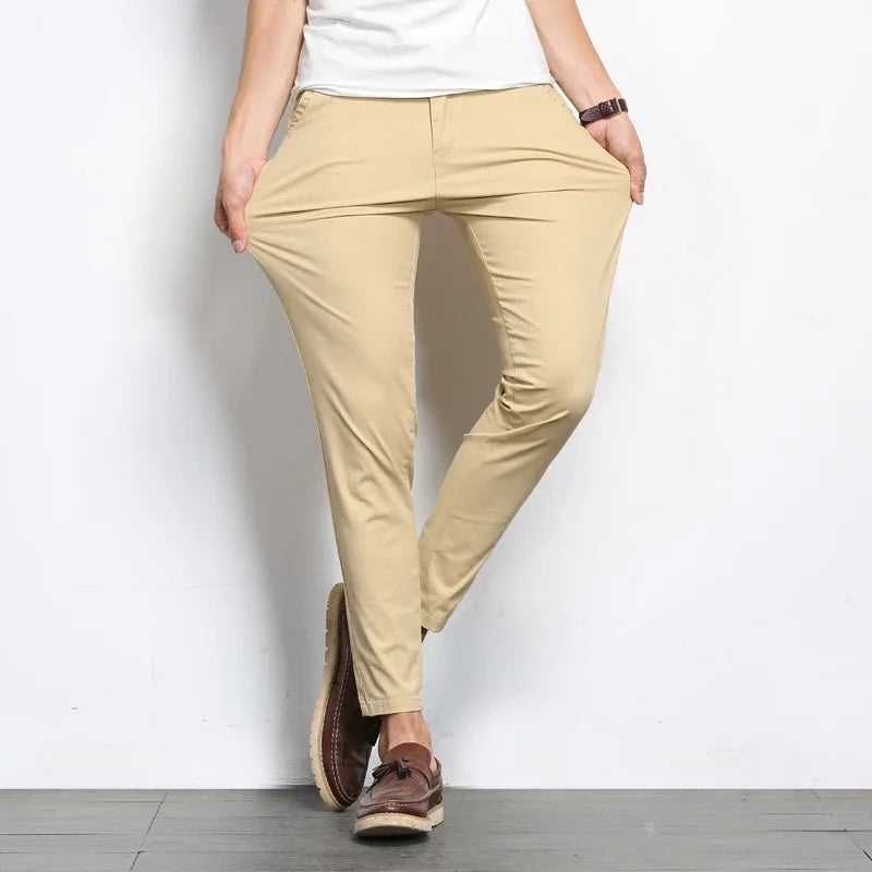 Summer Men's Fashions Solid Color Casual Pants Straight Elastic Ankle-Length