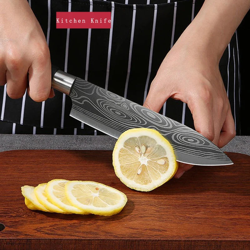 Damascus Kitchen Utility Set Knives Scissors Sharpening Rod Slicing Chef knife Stainless Steel