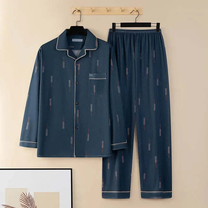 Large Size Men Sleepwear Pajamas Fall and Winter Cardigan Plaid Button Down Top and Pants