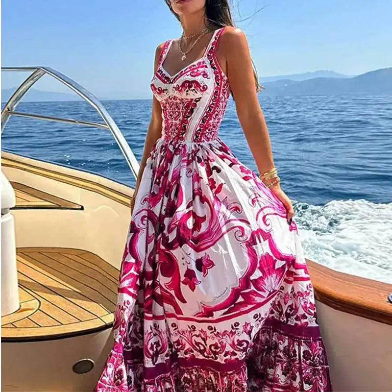 Elegant Summer Bohemian Sling Print Sleeveless A-line Long Dress
