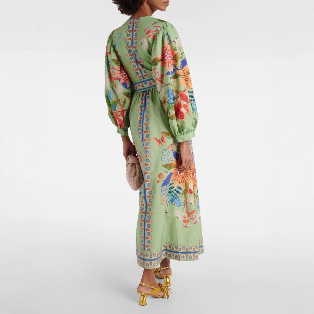 Bohemian retro ethnic style heavy-duty print elegant waist-defining slimming short vacation dress