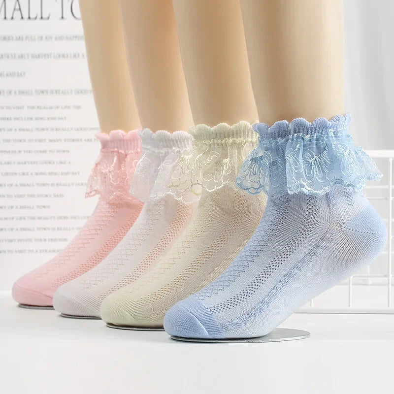 Breathable Cotton Socks with Ruffle Lace