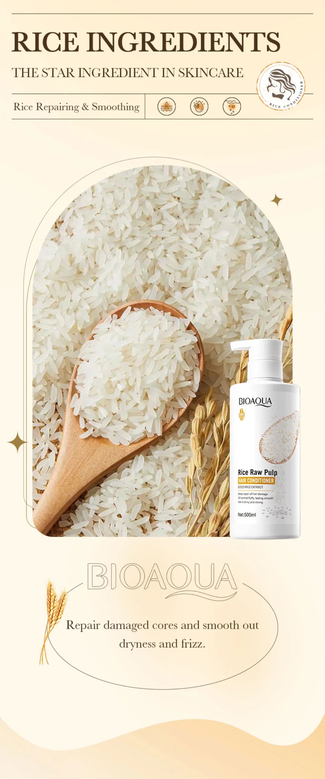 500ml Rice Conditioner Deeply Repairs Damaged Hair, Controls Oil Moisturizes, Leaves Hair Volumizing, Smooth, Shiny, And Elastic