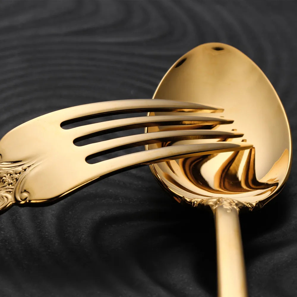 Stainless Steel Silver Flatware Set, Vintage Cutlery, Hollow Handle, Silverware for Wedding, Baroque, 18/10, Glossy Gold
