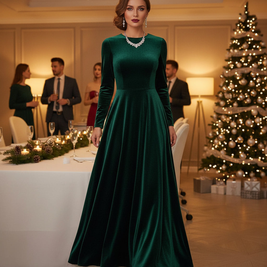 Spring Autumn O Neck Solid Chic Maxi Women Dress Long Sleeve Party Dress