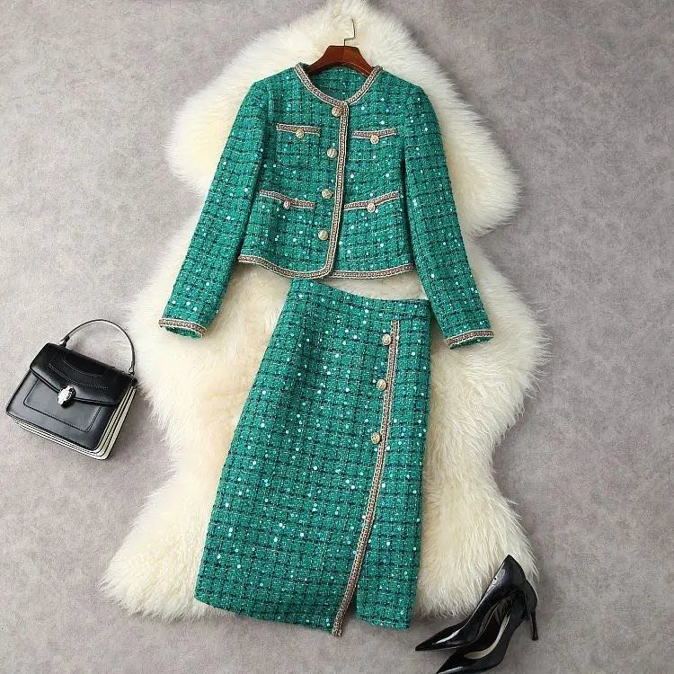 Women Elegant Winter Tweed Fragrant Suit Jacket Coat Top & Skirt Two Piece Set