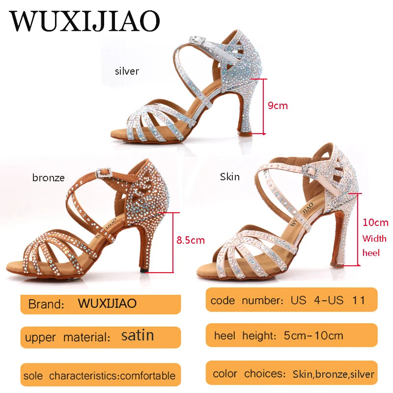 Ballroom Diamond Latin Dance Soft Sole Shoes Silver Bronze Skin color